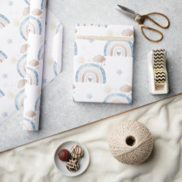 Ivory Blue Taupe Boho Rainbow Clouds Star Boy Gift Geschenkpapier