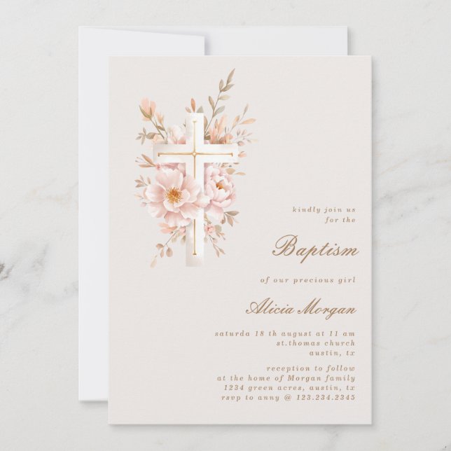 Ivory Blush Floral Cross Baptism Invitation (Devant)