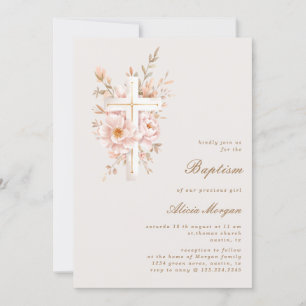 Ivory Blush Floral Cross Baptism Invitation