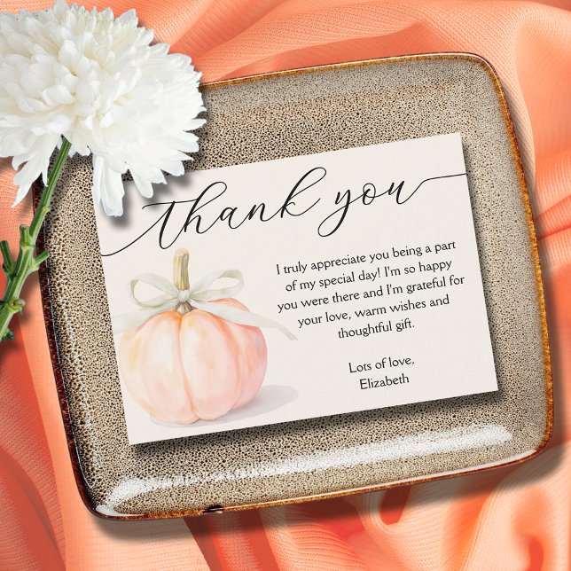 Ivory Bow Little Pumpkin Baby Dusche Vielen Dank Mitteilungskarte (Ivory ribbon and bow little pumpkin baby shower flat thank you note cards)
