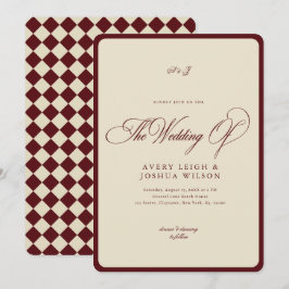 Ivory & Burgundy Checkered Border Retro Wedding Einladung