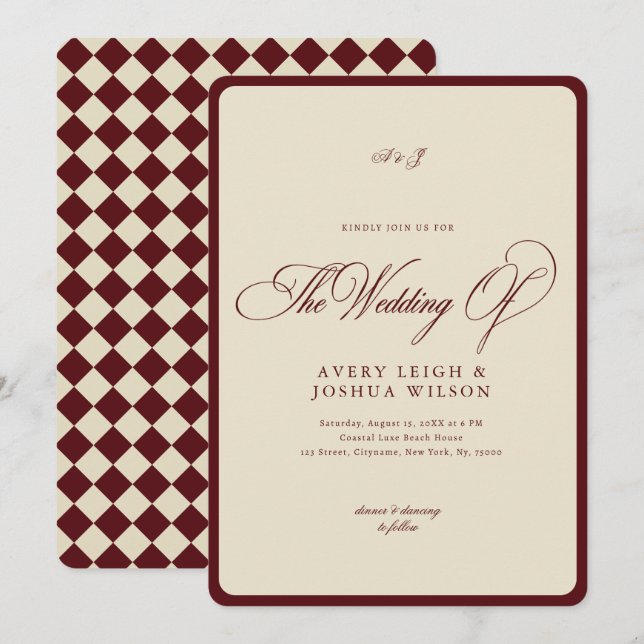 Ivory & Burgundy Checkered Border Retro Wedding Einladung (Vorne/Hinten)