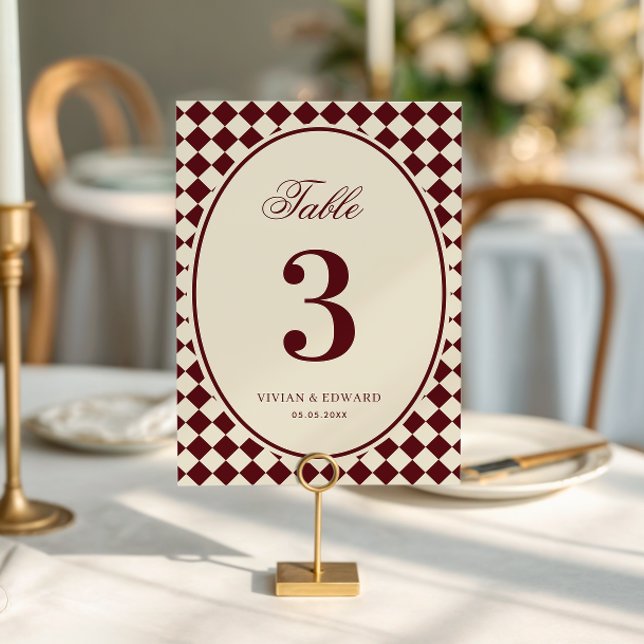 Ivory & Burgundy Checkered Wedding Table Number Einladung (Von Creator hochgeladen)