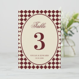 Ivory & Burgundy Checkered Wedding Table Number Einladung