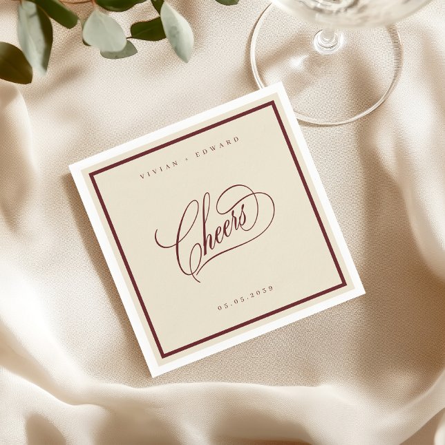 Ivory Burgundy Classic Border Cheers Retro Wedding Serviette (Von Creator hochgeladen)