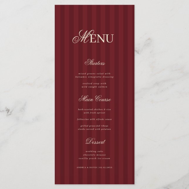Ivory & Burgundy Elegant Stripes Retro Wedding Menükarte (Vorderseite)