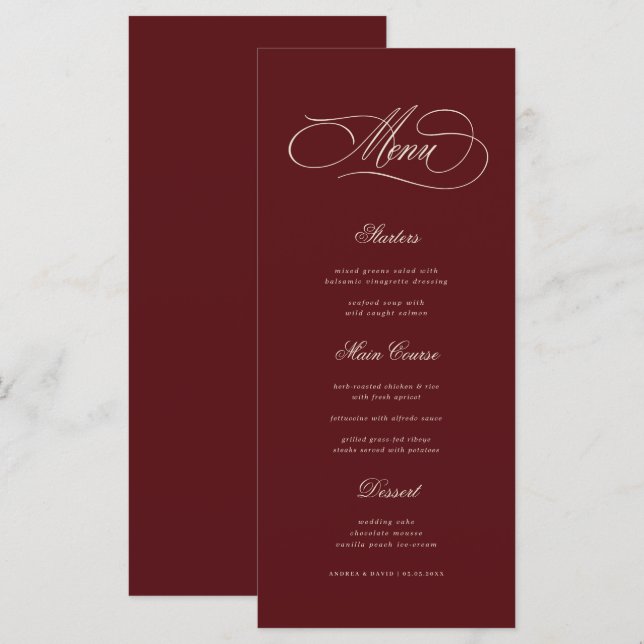 Ivory & Burgundy Old Money Aesthetic Retro Wedding Menükarte (Vorne/Hinten)