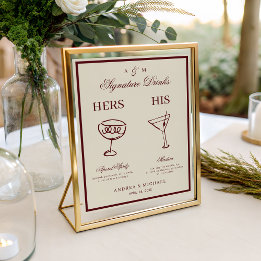 Ivory & Burgundy Retro Signature Drinks Sign Poster