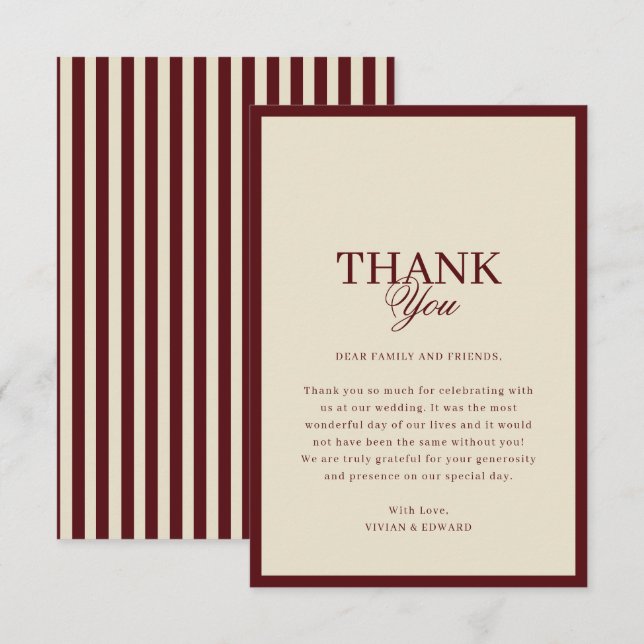 Ivory & Burgundy Stripes Border Retro Wedding Dankeskarte (Vorne/Hinten)