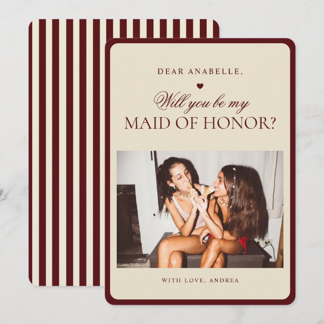 Ivory Burgundy Stripes Maid of Honor Proposal Card Einladung (Vorne/Hinten)