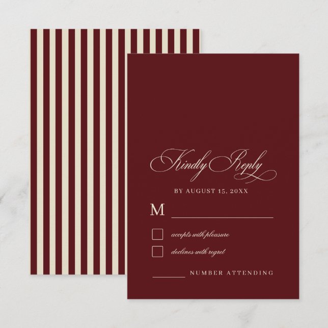 Ivory & Burgundy Stripes Retro Old Money Wedding RSVP Karte (Vorne/Hinten)