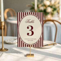Ivory Burgundy Stripes Retro Wedding Table Number Einladung