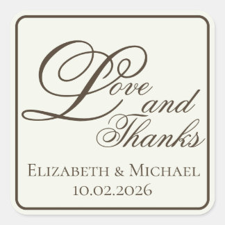 Ivory Coffee Modern "Love and Thanks" Quadratischer Aufkleber