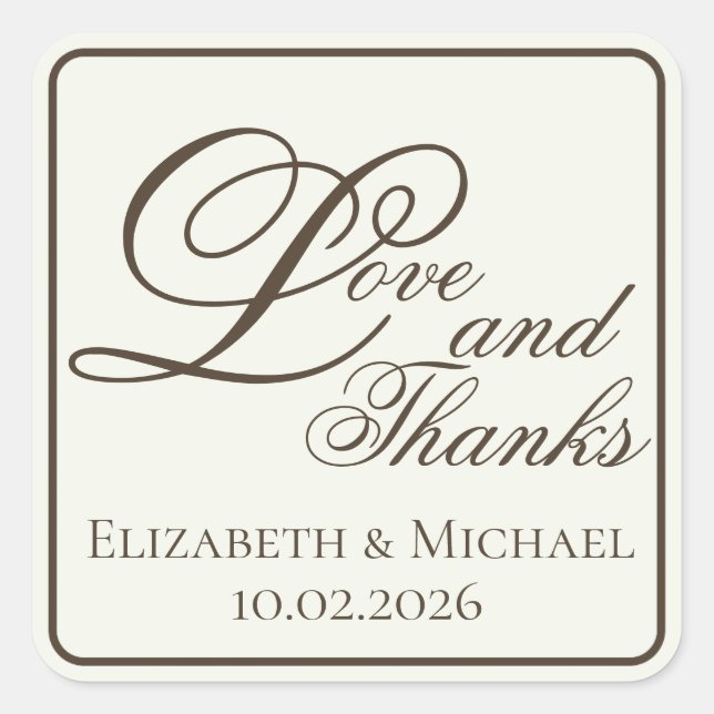 Ivory Coffee Modern "Love and Thanks" Quadratischer Aufkleber (Vorderseite)