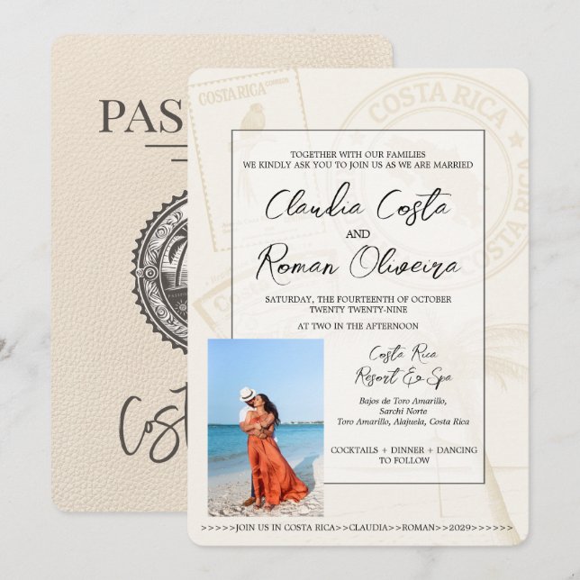 Ivory Costa Rica Pass Einladung Hochzeit (Vorne/Hinten)
