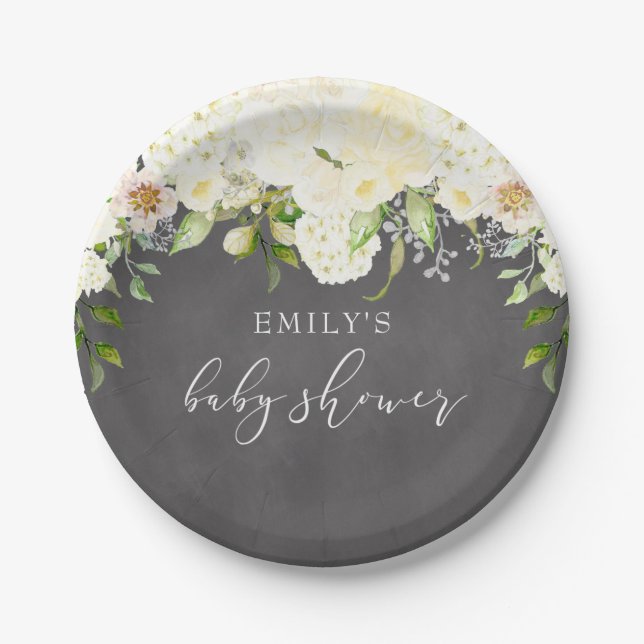 Ivory Cream Floral Greenery Chalkboard Babydusche Pappteller (Vorderseite)