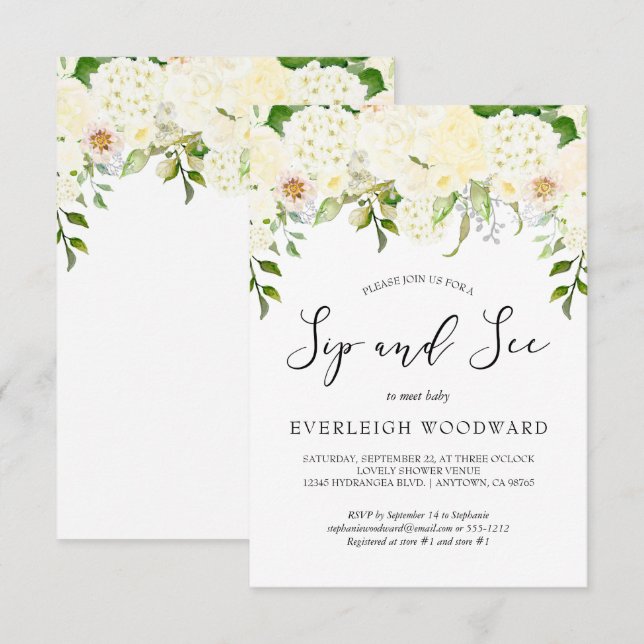 Ivory Cream Floral Greenery Sip and See Baby Einladung (Vorne/Hinten)