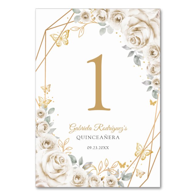 Ivory Cream Gold Floral Quinceanera Tischnummer (Vorderseite)