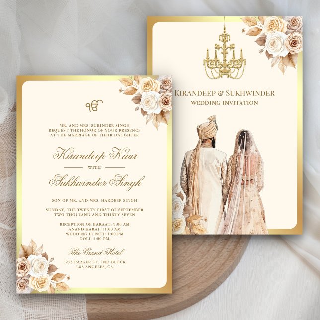 Ivory Cream Rose Floral Anand Karaj Sikh Wedding Einladung (Von Creator hochgeladen)
