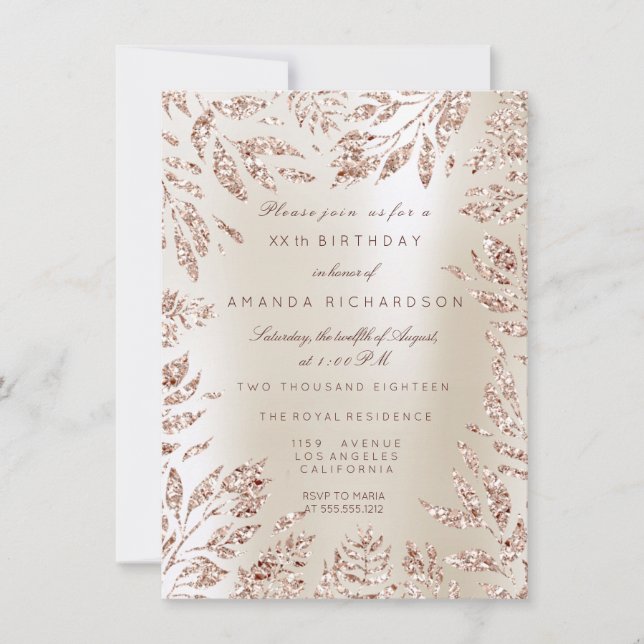 Ivory Creamy Rose Gold Glitzer Blätter Blumenrahme Einladung (Vorderseite)