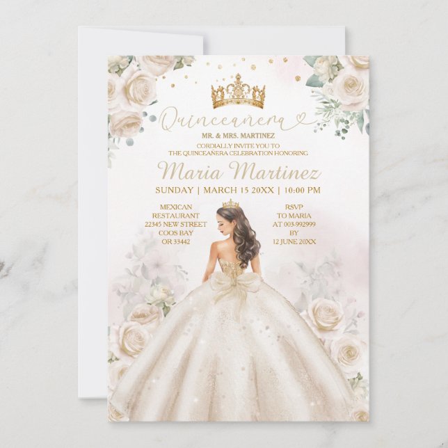 Ivory Creme Princess Dress Gold Crown Quinceañera Einladung (Vorderseite)