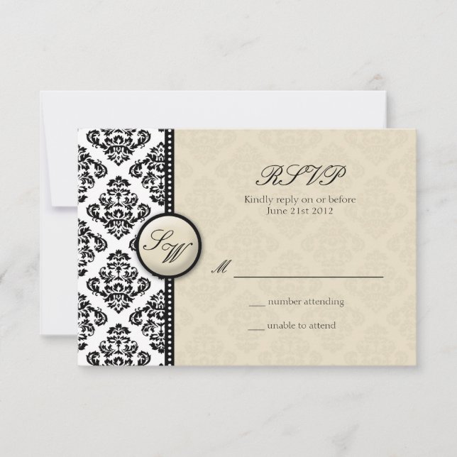 Ivory Damask Monogramme Mariage RSVP (Devant)