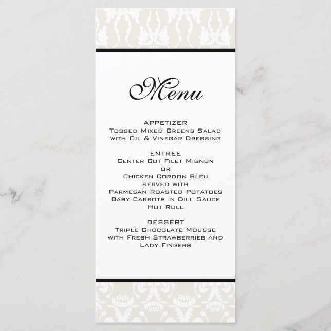 Ivory Damask Wedding Menu Menükarte (Vorderseite)