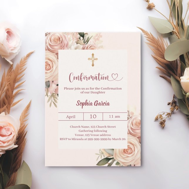 Ivory dusty rose florals Confirmation Einladung (Von Creator hochgeladen)