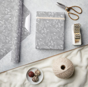 Ivory Ecru Verlasse Blumenmuster auf schick grau Geschenkpapier