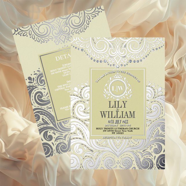 Ivory Elegant Artdeco Diamond Monogram Wedding Folieneinladung (Luxurious Elegant Classic Boho Wedding Invitation - Real Foil and Monogram)