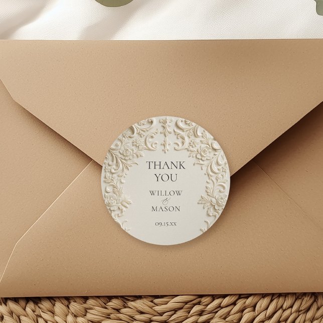 Ivory Elegant Embossed Thank You Wedding Runder Aufkleber (Ivory Elegant Embossed Thank You Wedding Classic Round Sticker)