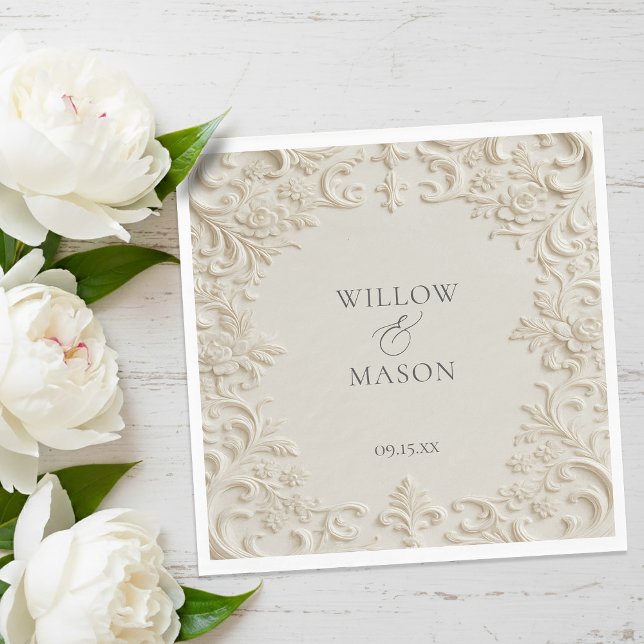 Ivory Embossed Scroll Floral Wedding Napkins Serviette (Ivory Embossed Scroll Floral Paper Wedding Napkins)