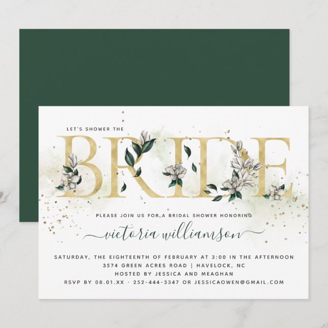 Ivory Emerald Gold Magnolia Floral Brautparty Einladung (Vorne/Hinten)