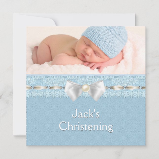 Ivory Eyelet Ribbon Boys Blue Foto Christening Einladung (Vorderseite)