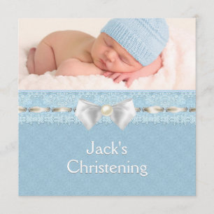 Ivory Eyelet Ribbon Boys Blue Foto Christening Einladung
