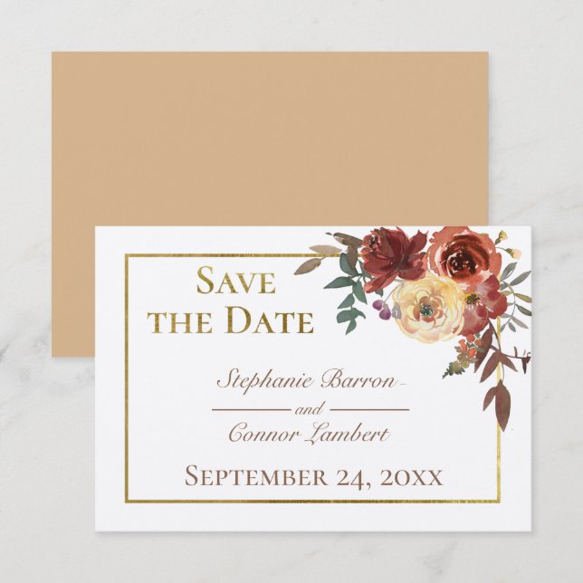 Ivory Fall Floral Bouquet mit GoldWedding Save The Date (Vorne/Hinten)