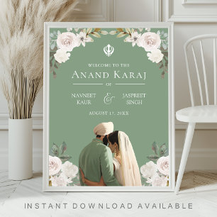 Ivory Floral Anand Karaj Sikh Wedding Welcome Sign Poster