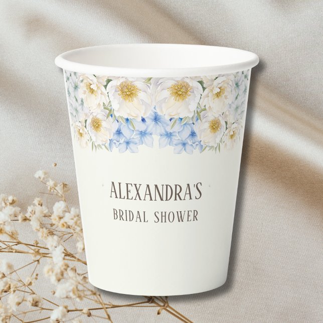 Ivory Floral Blue Hydrangea Garden Bridal Shower Pappbecher (Von Creator hochgeladen)