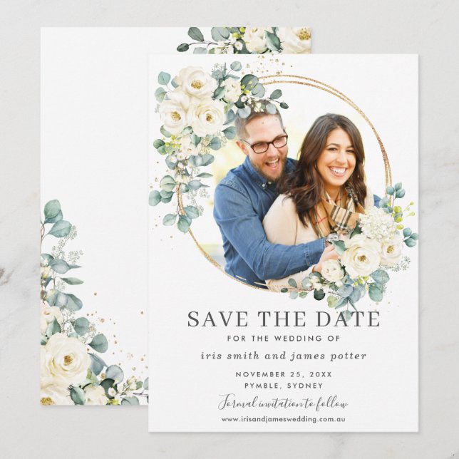 Ivory Floral Eukalyptus Foto Save the Date Karte (Vorne/Hinten)