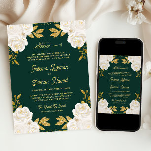 Ivory Floral Gold Smarald Green Muslim Wedding Einladung