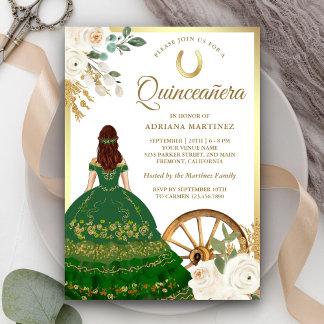 Ivory floral Green Dress Charro Gold Quinceanera Einladung