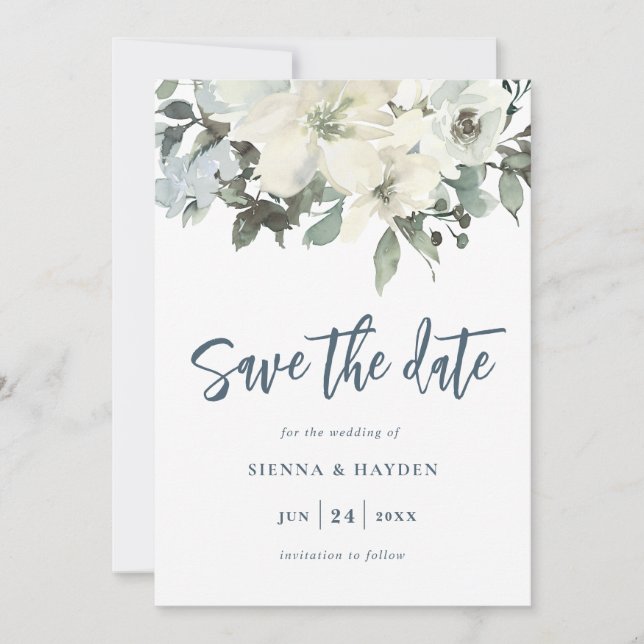 Ivory Floral Navy Blue Save the Date Card (Vorderseite)