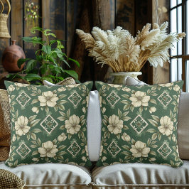 Ivory Floral on Emerald Background Kissen