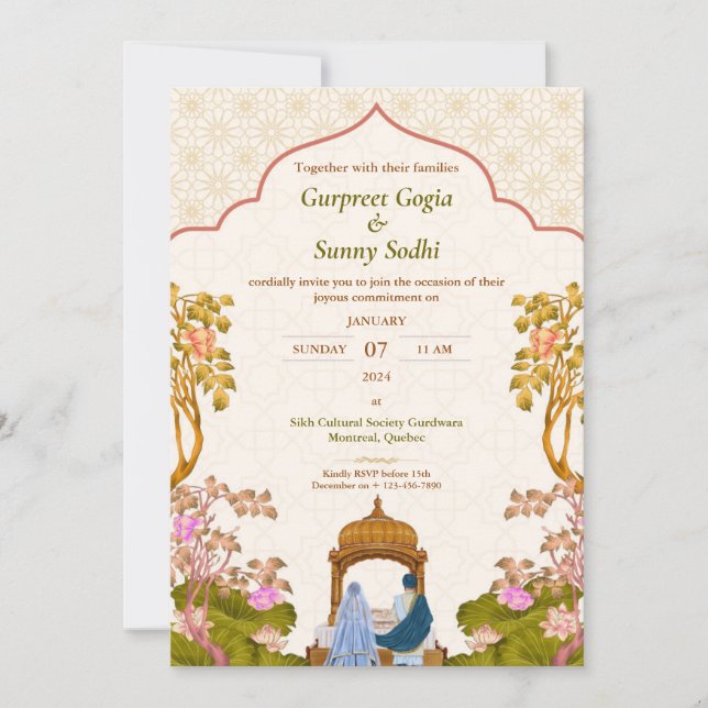 Ivory Floral Punjabi Sikh Einladung zur Hochzeit (Vorderseite)