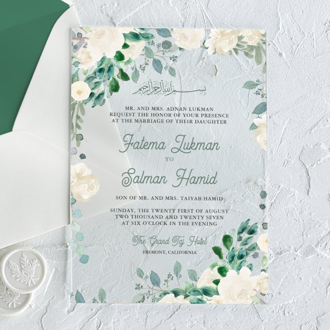 Ivory Floral Sage Green Leaves Islamic Wedding Acryleinladungen (Von Creator hochgeladen)