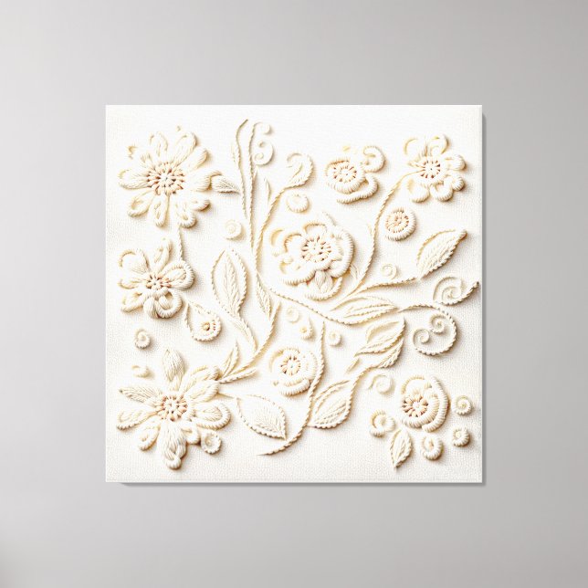 Ivory Floral Stickerei Leinwanddruck (Vorderseite)