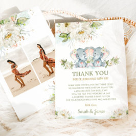 Ivory Floral Twin Girls Elephant Baby Shower Foto Dankeskarte
