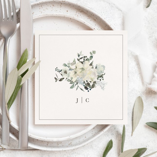 Ivory Floral Watercolor Wedding Initials Napkin Serviette (Von Creator hochgeladen)
