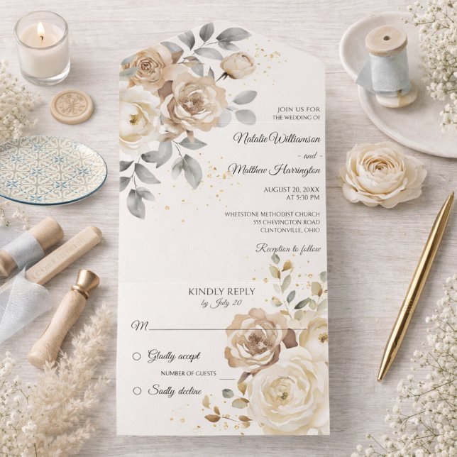 Ivory Floral Wedding All In One Einladung (Von Creator hochgeladen)