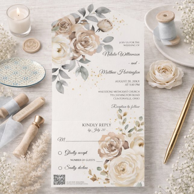Ivory Floral Wedding with QR Code All In One Einladung (Von Creator hochgeladen)